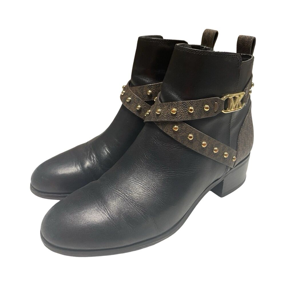 Michael Kors Women’s Kincaid Black/Brown Leather Studded Logo Ankle Boots 8.5M